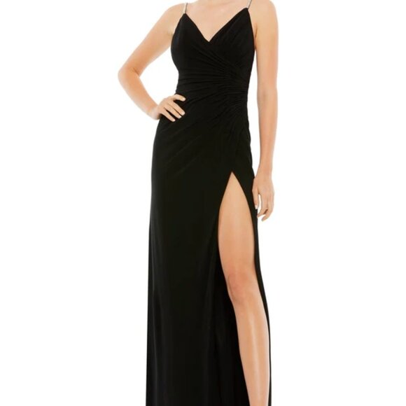 Mac Duggal Black Gown Size 6 – Beaded Spaghetti Strap Slit Dress – NWT Style 266 - Picture 1 of 5